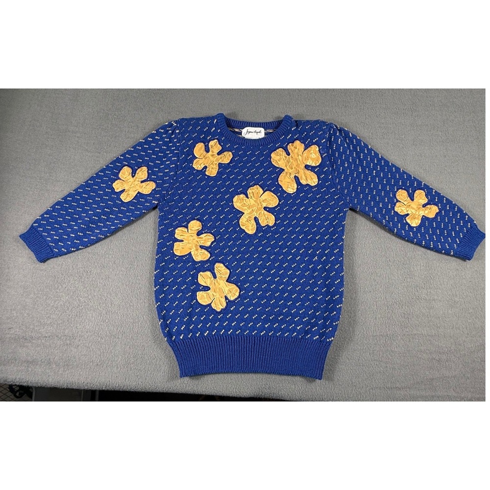 Vintage 80s 90s Joyce Capelli Blue Art Sweater Abstract Floral Appliqué Knit S